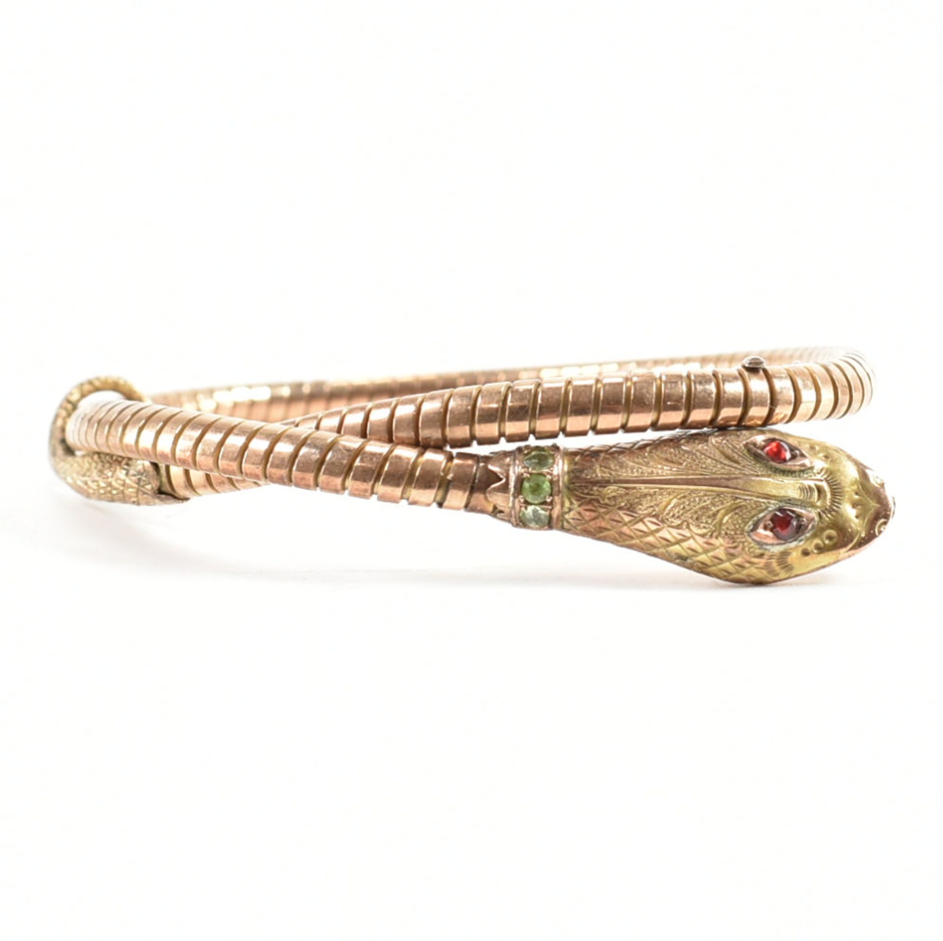 VICTORIAN 9CT GOLD GARNET & PERIDOT SNAKE BANGLE BRACELET