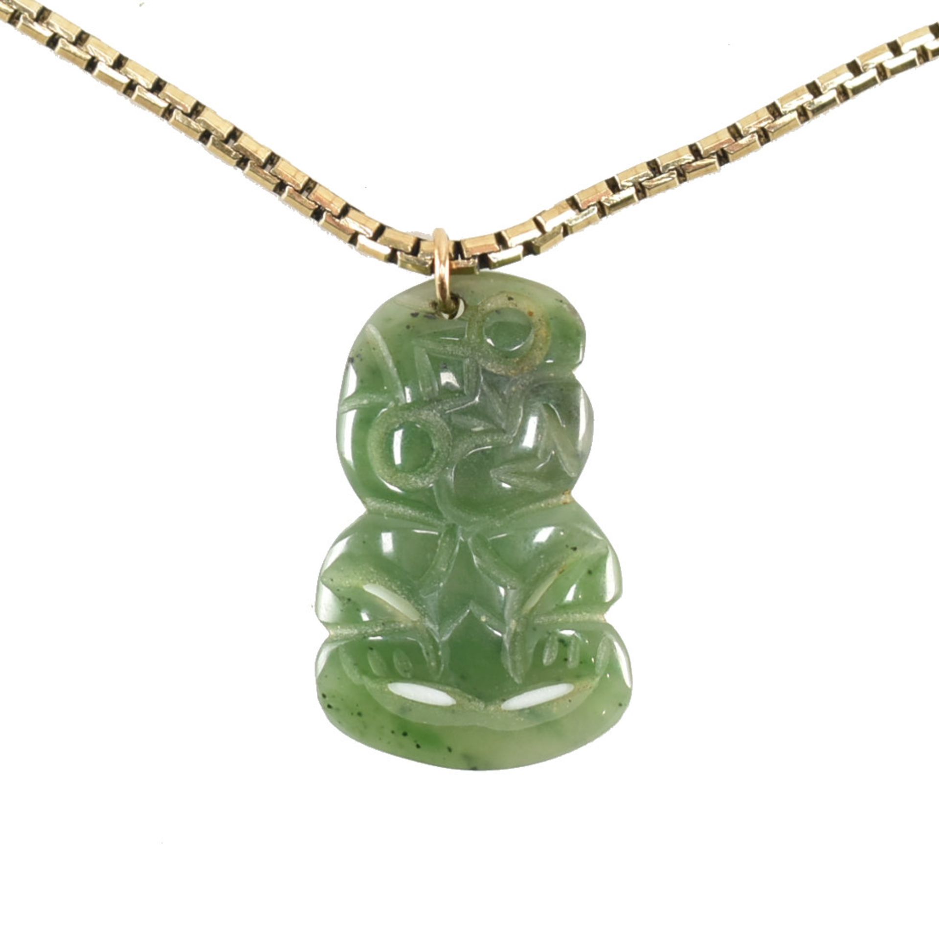 HALLMARKED 9CT GOLD SNAKE CHAIN & NEPHRITE HEI TIKI PENDANT