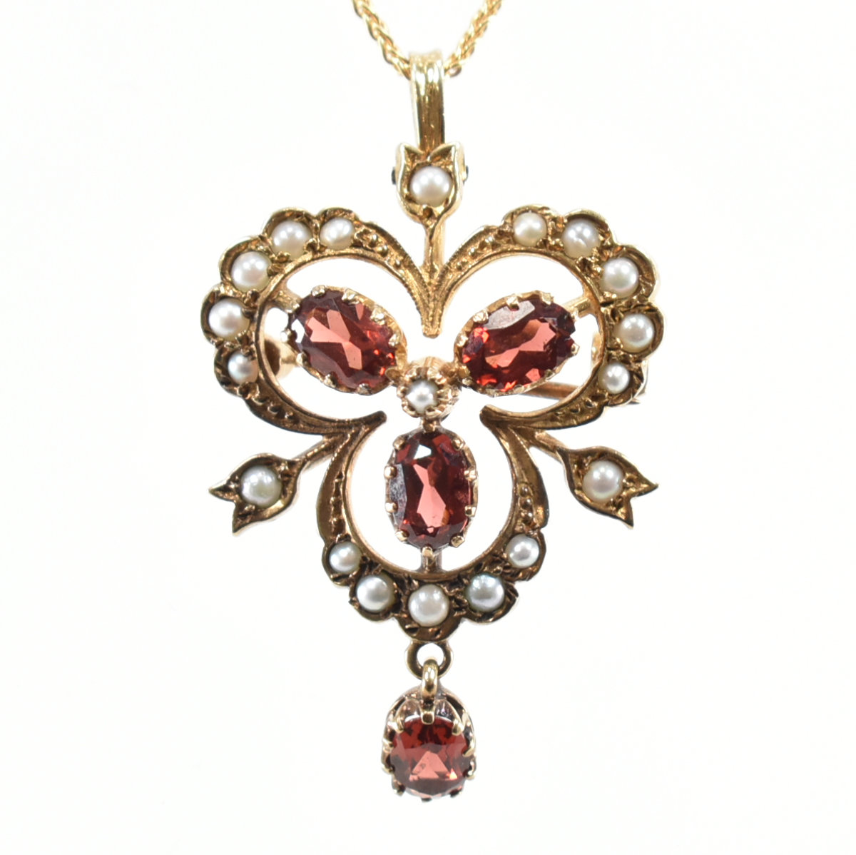 GOLD GARNET & PEARL PENDANT BROOCH ON CHAIN