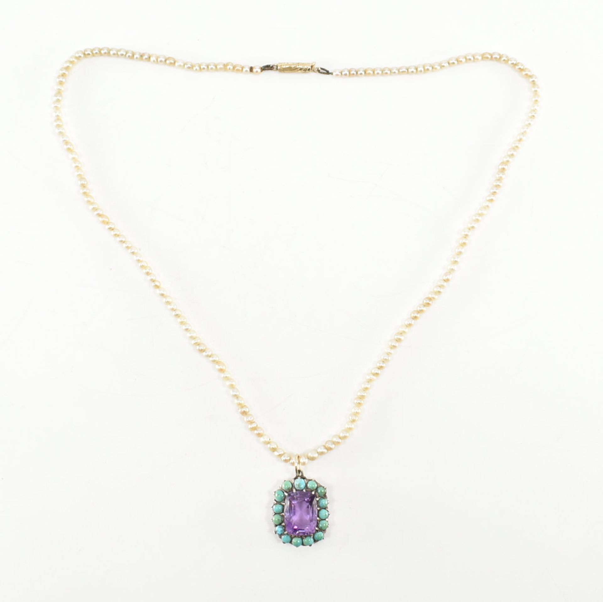 VICTORIAN PEARL AMETHYST TURQUOISE PENDANT NECKLACE - Image 2 of 6