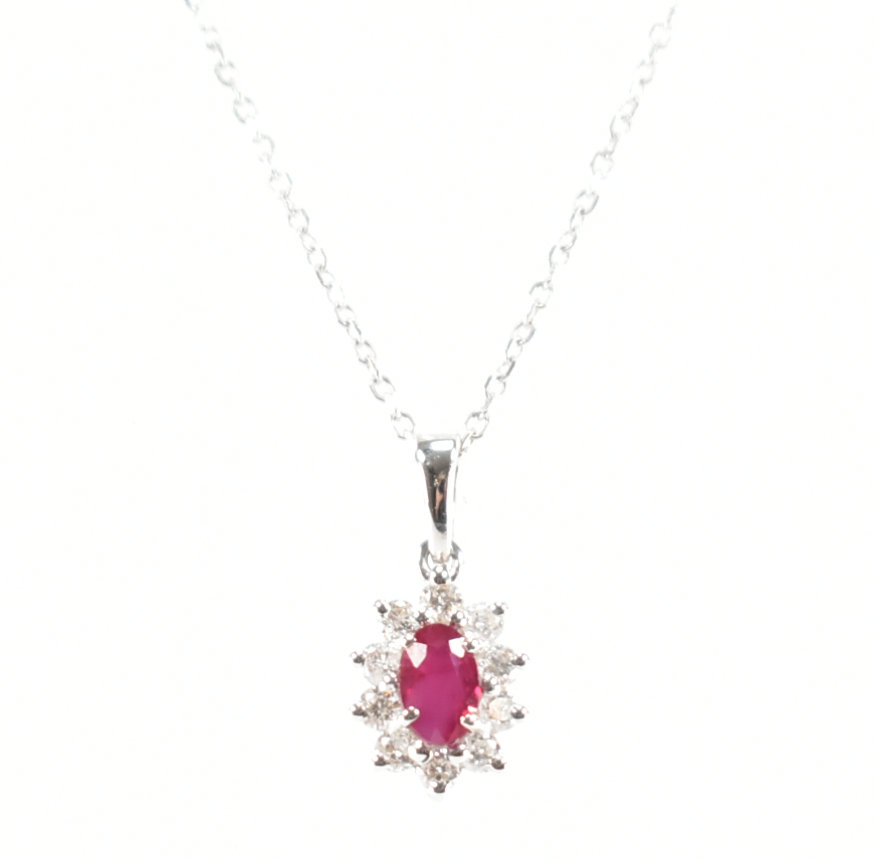 HALLMARKED 18CT WHITE GOLD DIAMOND & RED STONE NECKLACE PENDANT & CHAIN - Image 2 of 6