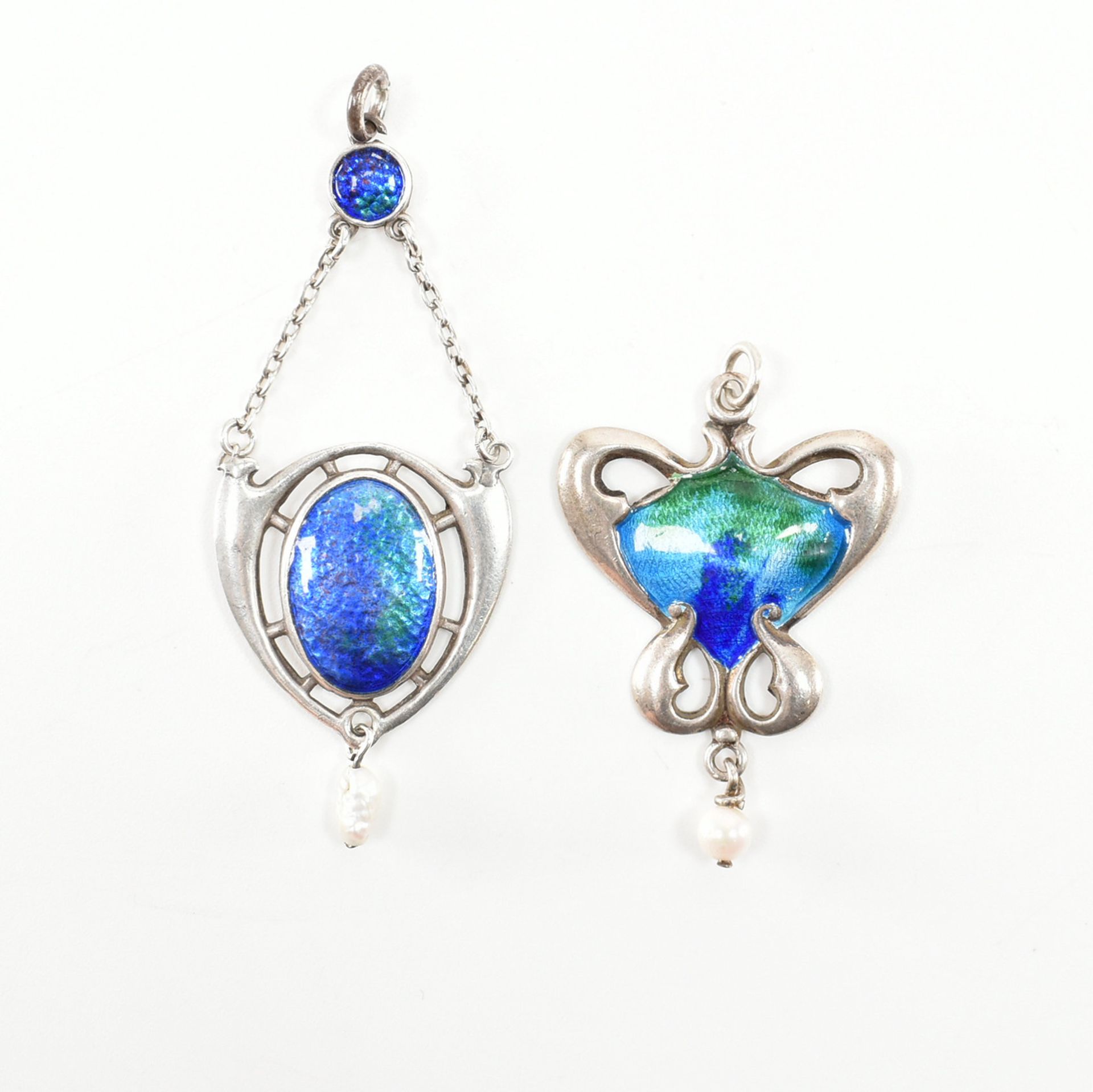 TWO HALLMARKED ART NOUVEAU SILVER ENAMEL NECKLACE PENDANTS