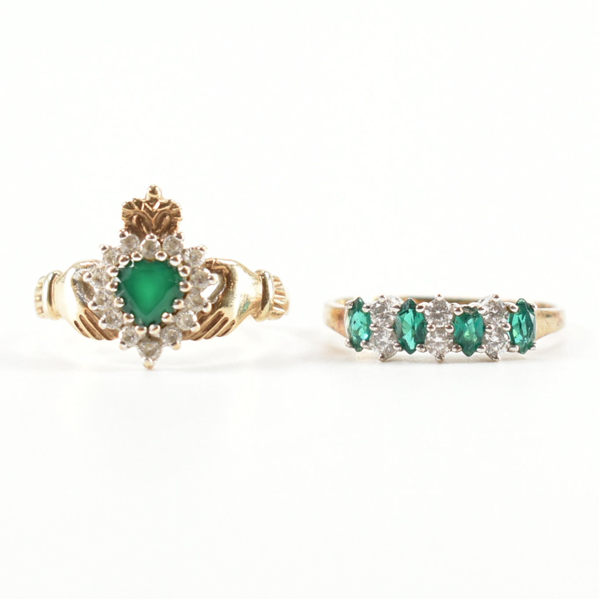 TWO HALLMARKED 9CT GOLD SYNTHETIC EMERALD & CZ RING