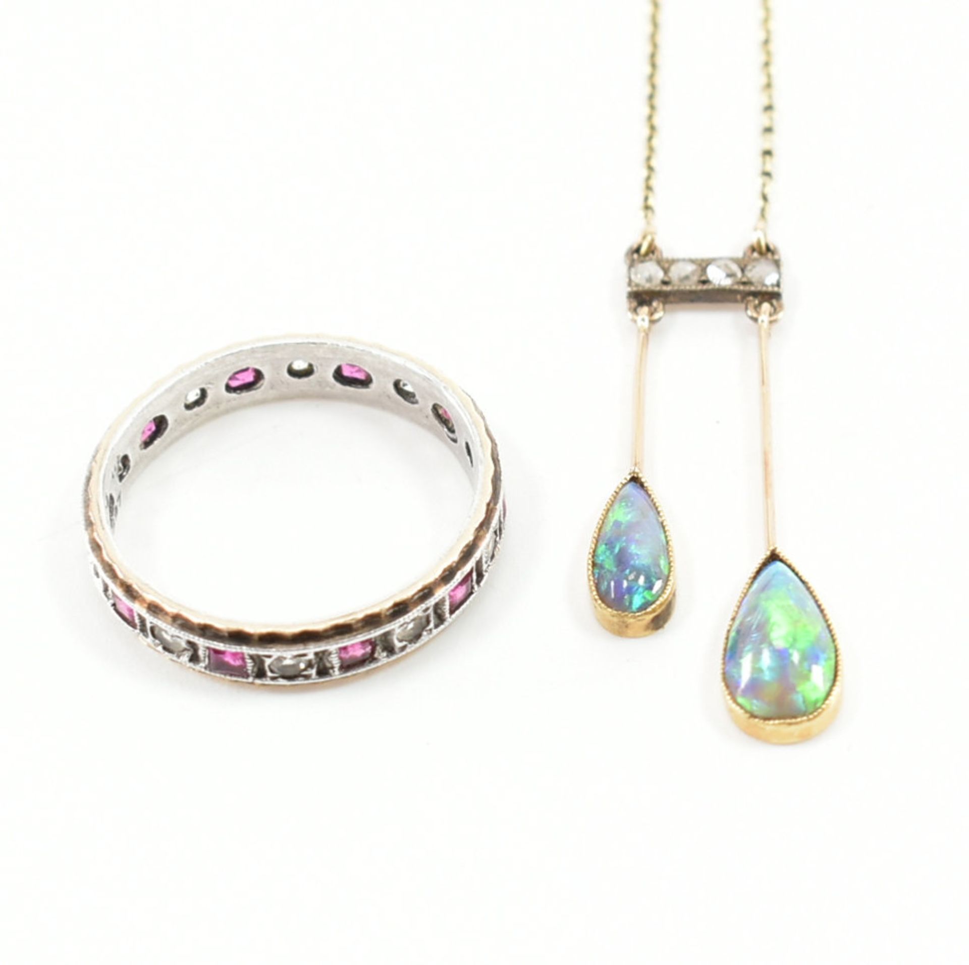 1920S OPAL & DIAMOND NEGLIGEE PENDANT & 9CT GOLD ETERNITY RING