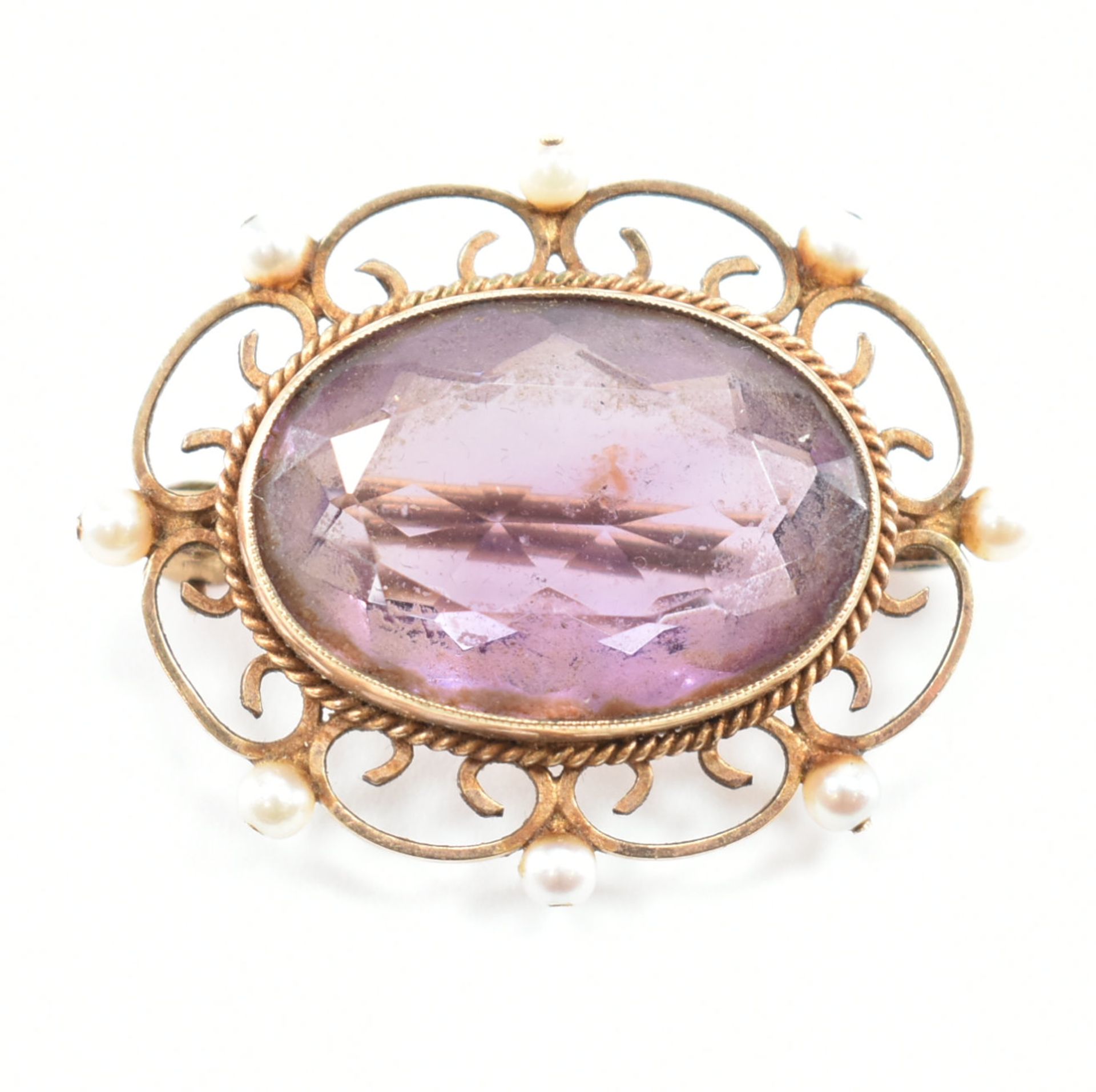 HALLMARKED 9CT GOLD AMETHYST PEARL BROOCH PIN