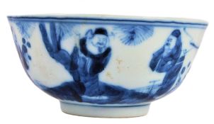 19TH CENTURY CHINESE BLUE AND WHITE RICE BOWL DEPICTING ELDERS