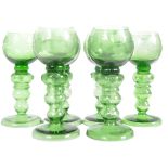 SET OF SIX GREEN GLASS ETCHED DRINKING GOBLETS