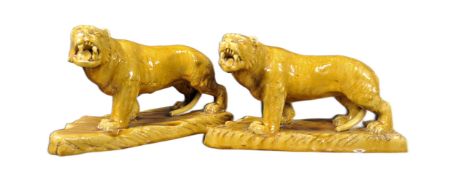 PAIR OF 19TH CENTURY VICTORIAN GLAZED CERAMIC PROWLING TIGERS