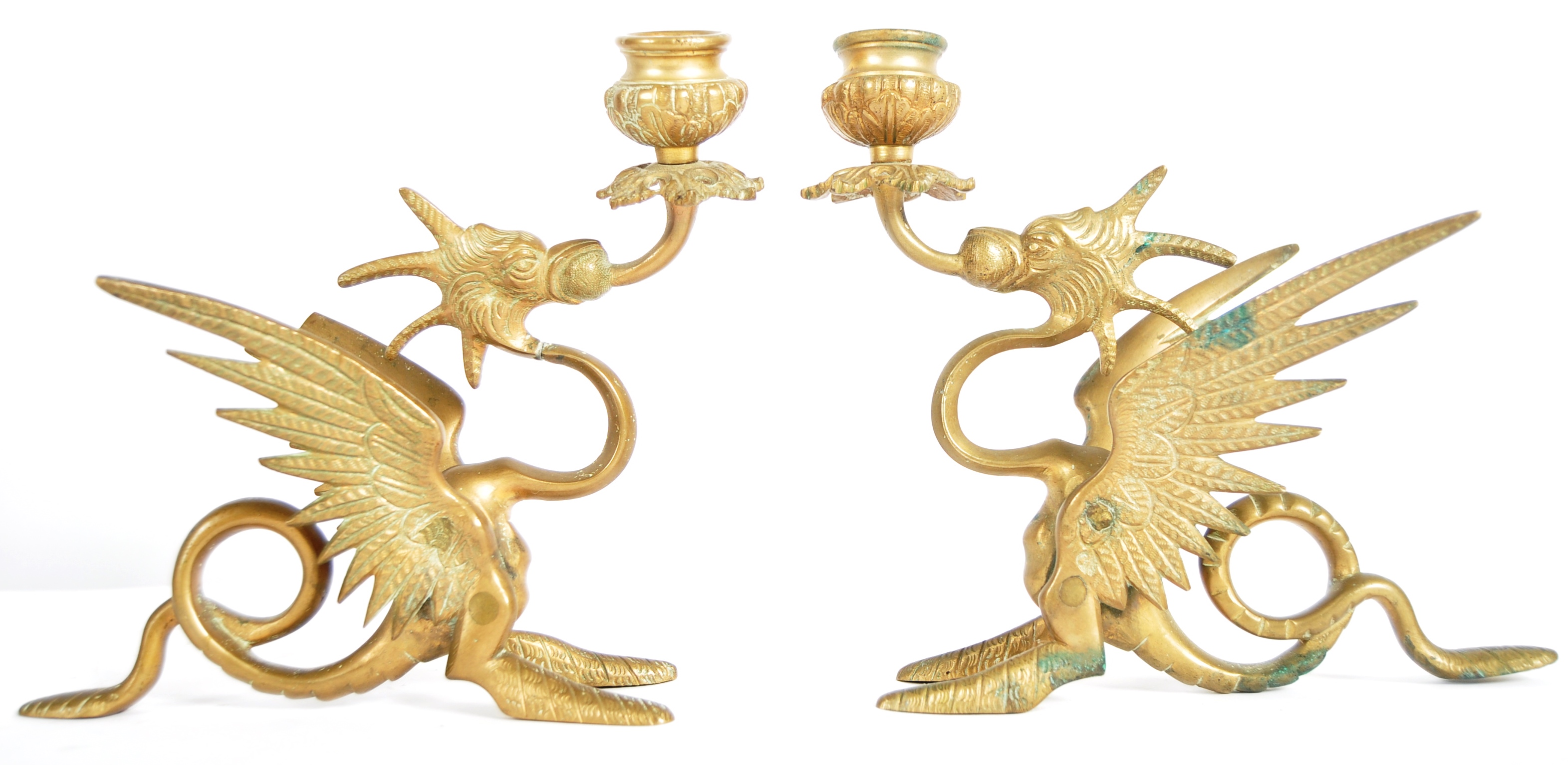 PAIR OF 19TH CENTURY BRASS GRIFFIN CANDLESTICKS - Image 2 of 7