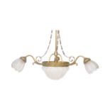 20TH CENTURY BRASS AND FROSTED GLASS HANGING CHANDELIER