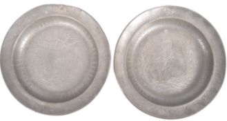 PAIR 18TH CENTURY DUTCH ENGRAVED PEWTER PLATES