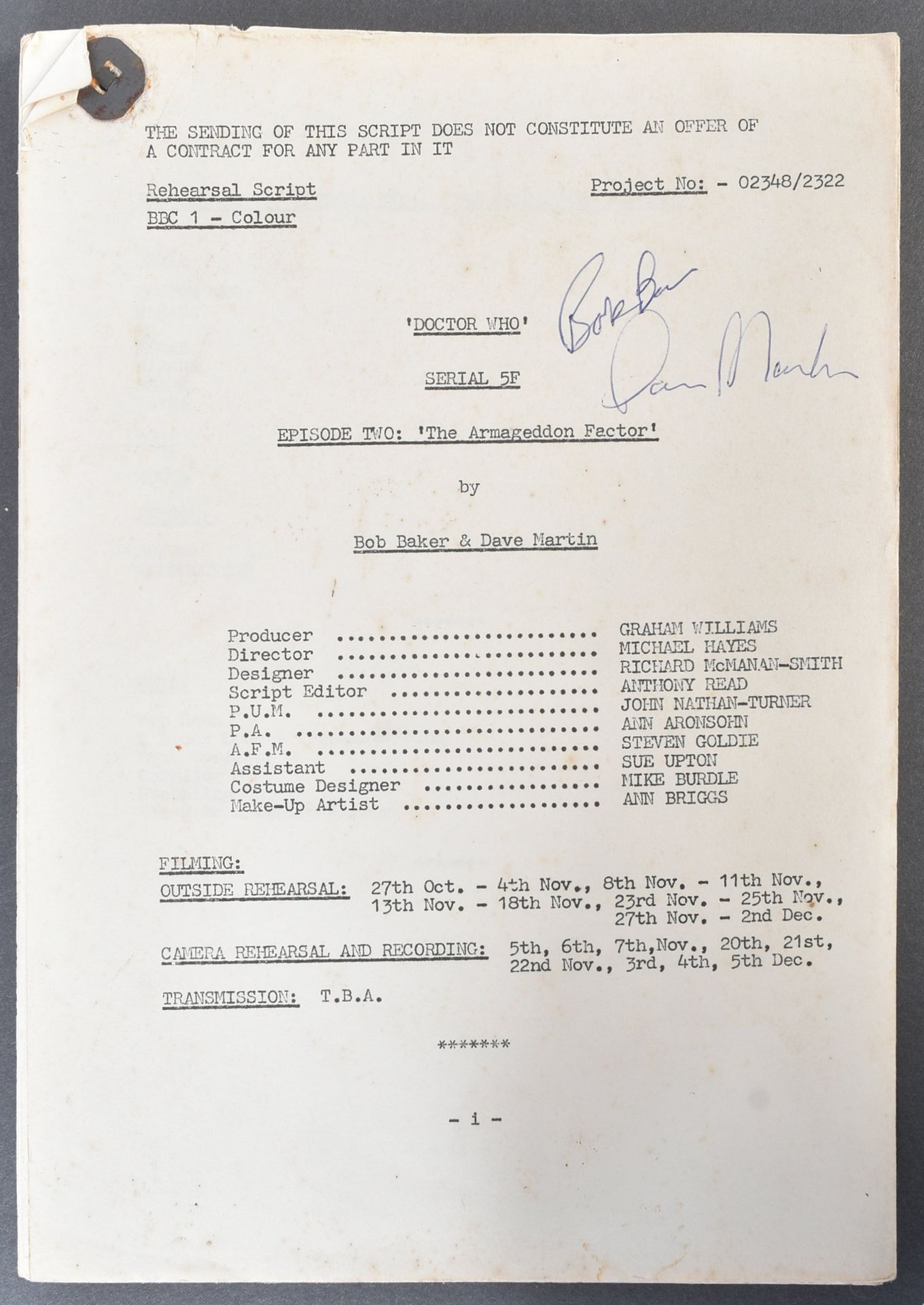 ESTATE OF BOB BAKER - DOCTOR WHO - BAKER'S PERSONAL SCRIPT