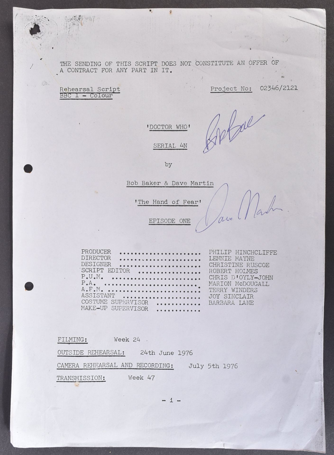 ESTATE OF BOB BAKER - DOCTOR WHO - SIGNED SCRIPT COVER