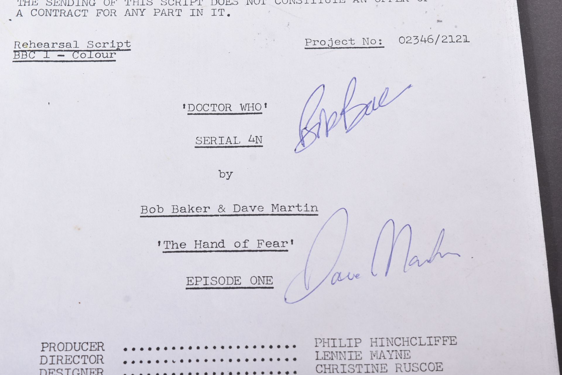 ESTATE OF BOB BAKER - DOCTOR WHO - SIGNED SCRIPT COVER - Image 2 of 2