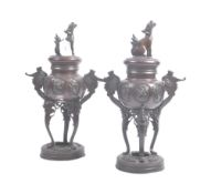 PAIR OF CHINESE BRONZE LIDDED TEMPLE DOG GU VASES