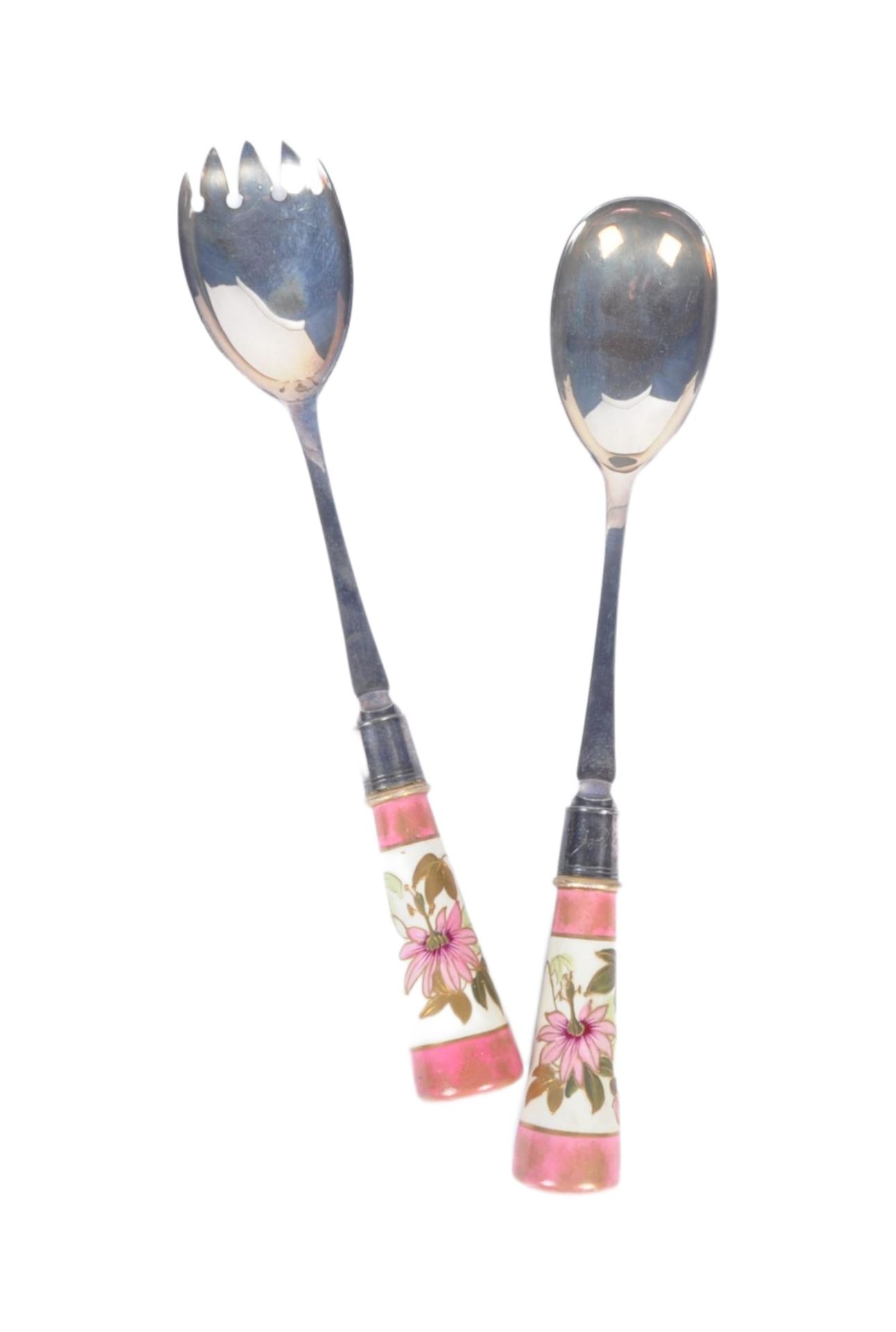 PAIR AMERICAN PLATED SERVING SPOONS - HANDPAINTED HANDLES