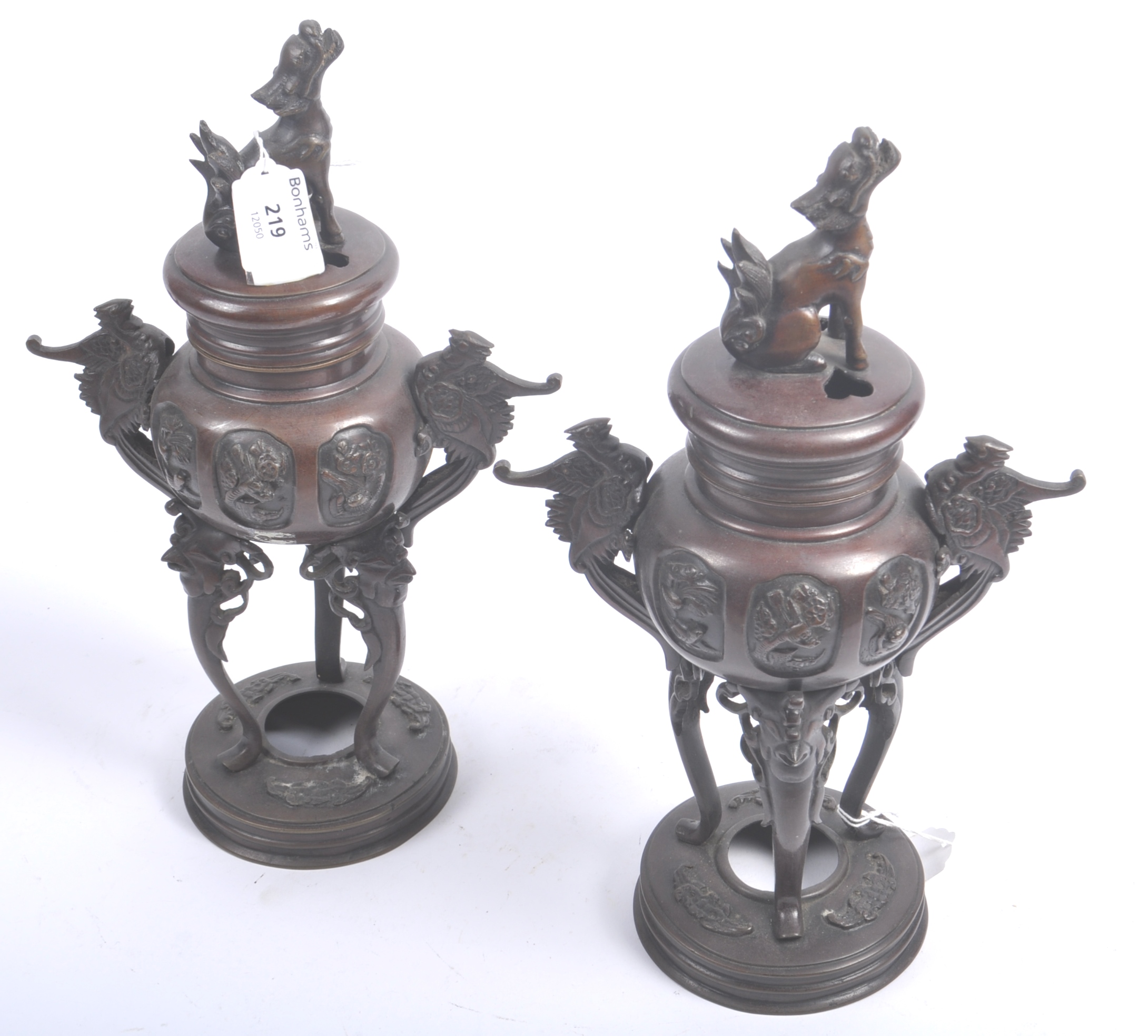 PAIR OF CHINESE BRONZE LIDDED TEMPLE DOG GU VASES - Image 2 of 4