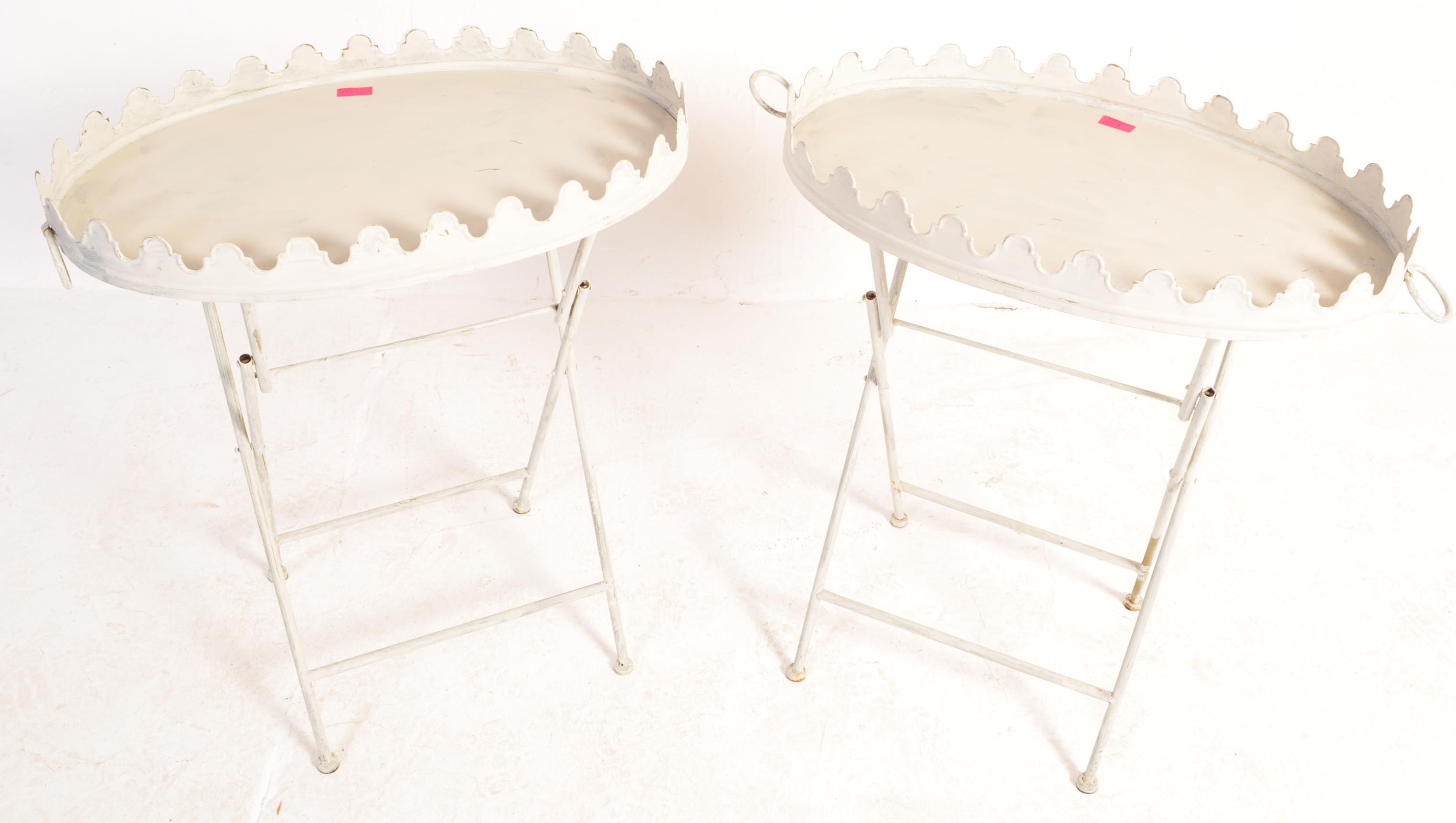 PAIR FRENCH PAINTED METAL TRAY TOP FOLDING BEDSIDE TABLES - Image 4 of 5