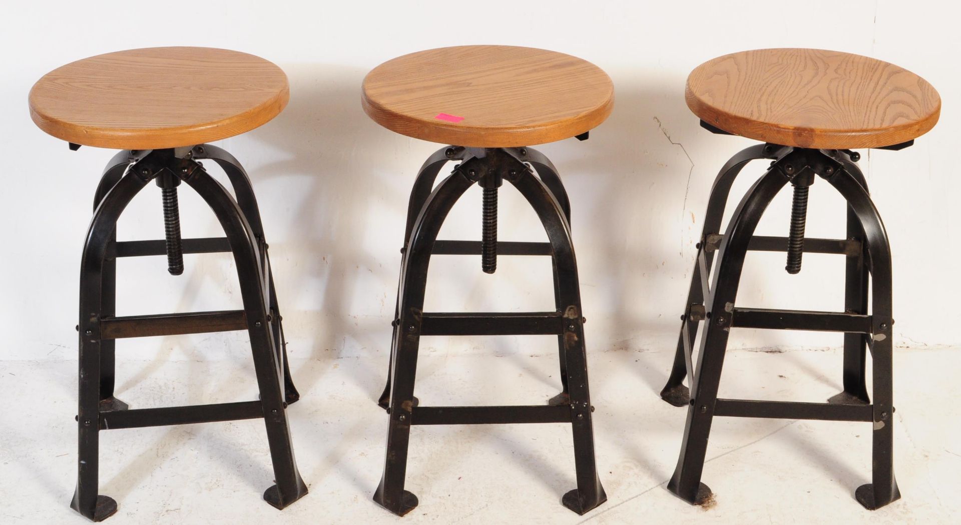 THREE RETRO VINTAGE CAST IRON & WOOD INDUSTRIAL BAR STOOLS - Image 2 of 4