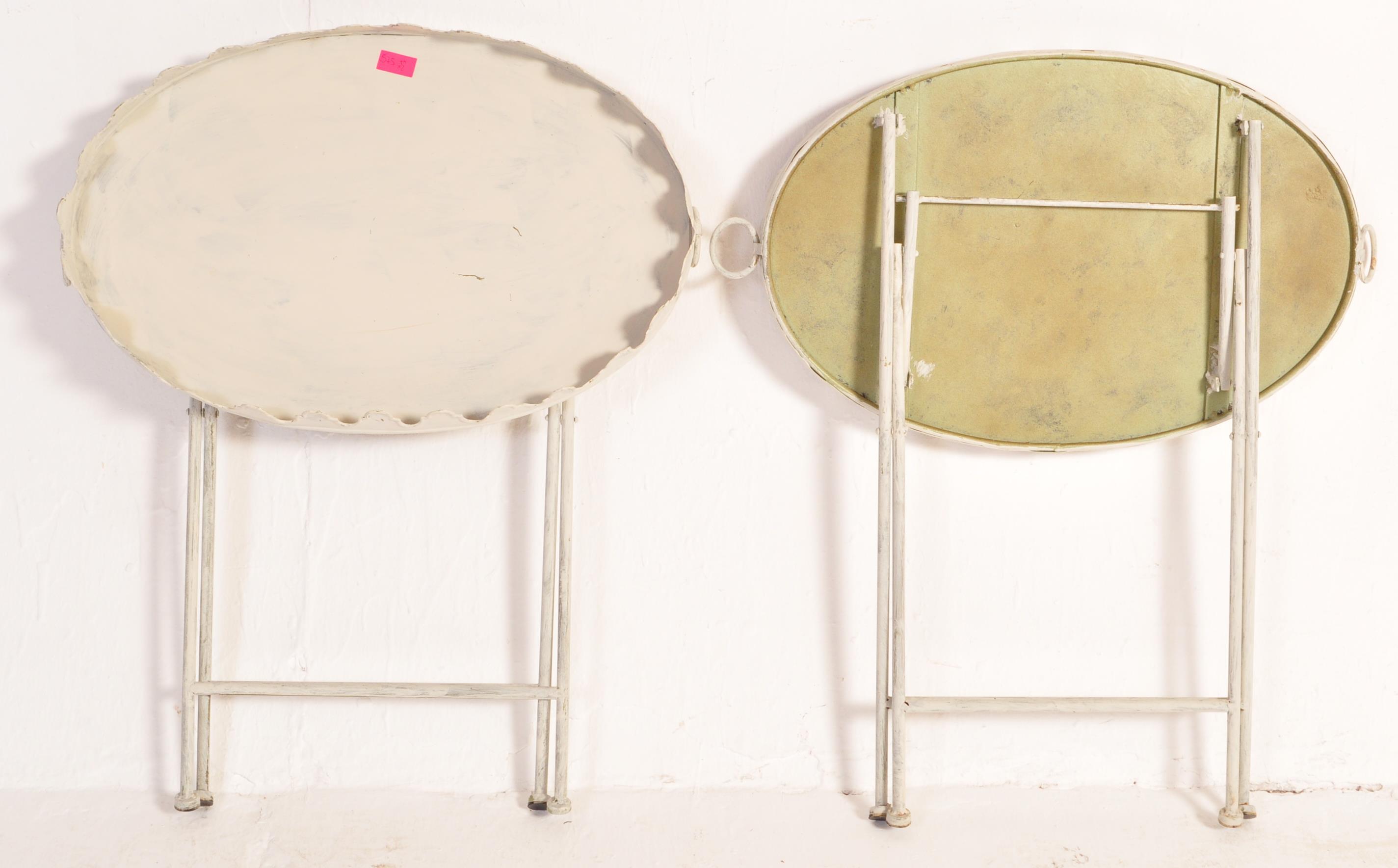 PAIR FRENCH PAINTED METAL TRAY TOP FOLDING BEDSIDE TABLES - Image 5 of 5