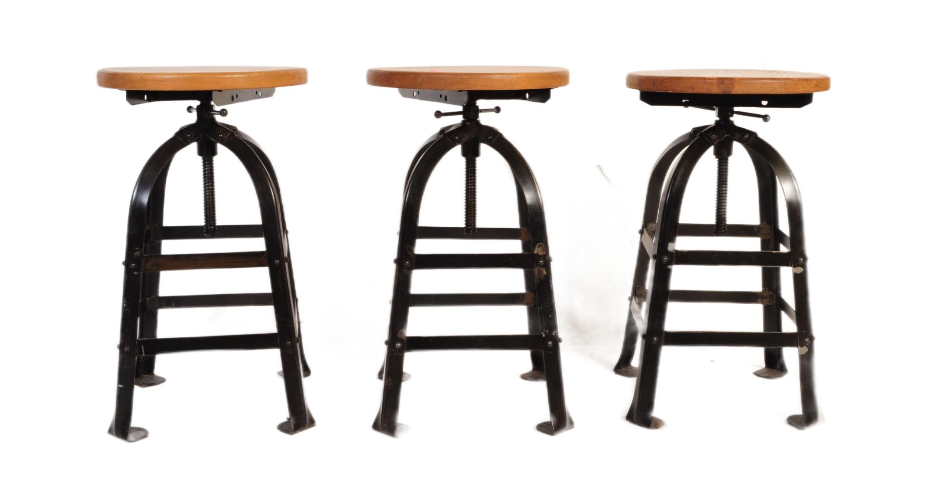 THREE RETRO VINTAGE CAST IRON & WOOD INDUSTRIAL BAR STOOLS