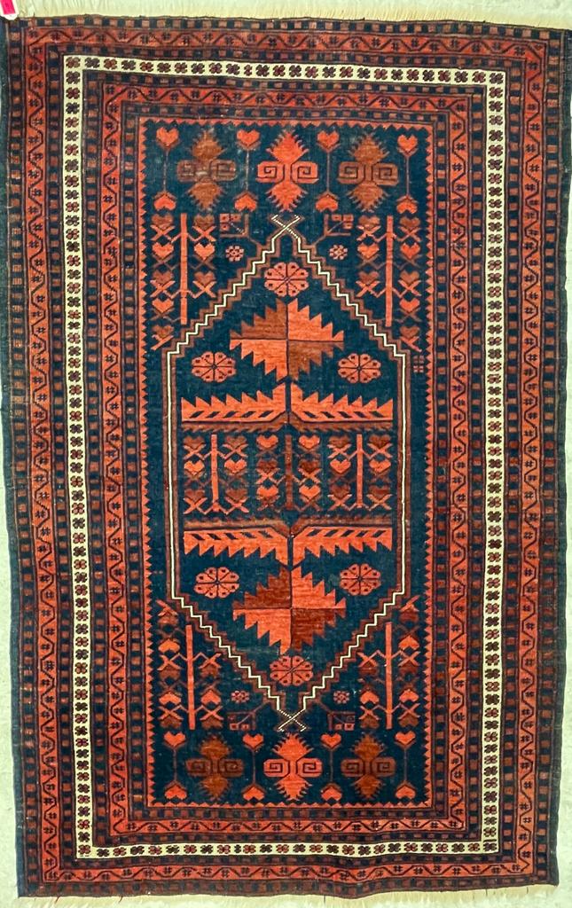 VINTAGE TURKISH FLOOR RUG - RED & BLUE GROUND