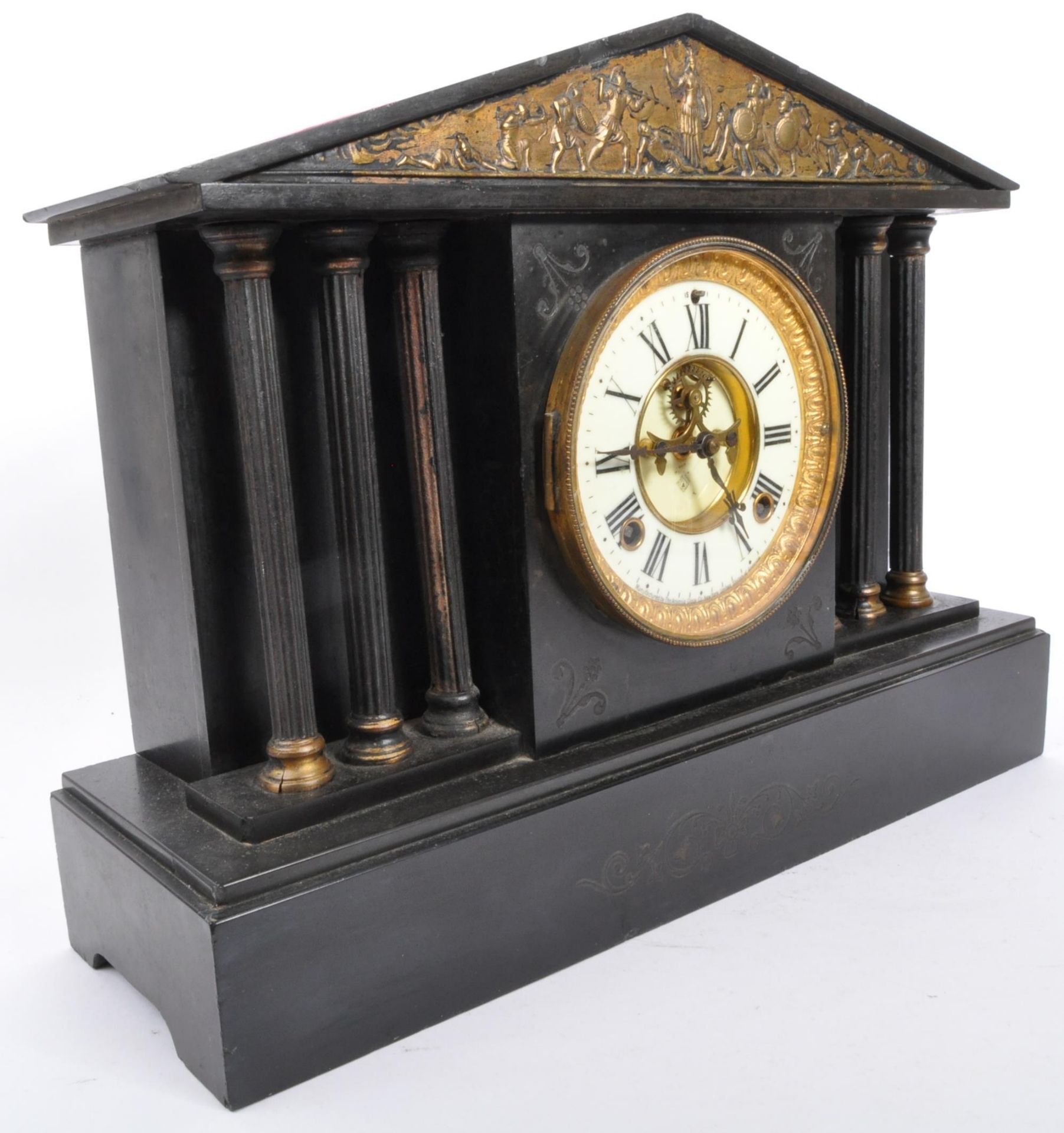 VICTORIAN 8-DAY SLATE TEMPLE PORTICO CASED MANTEL CLOCK - Image 6 of 6