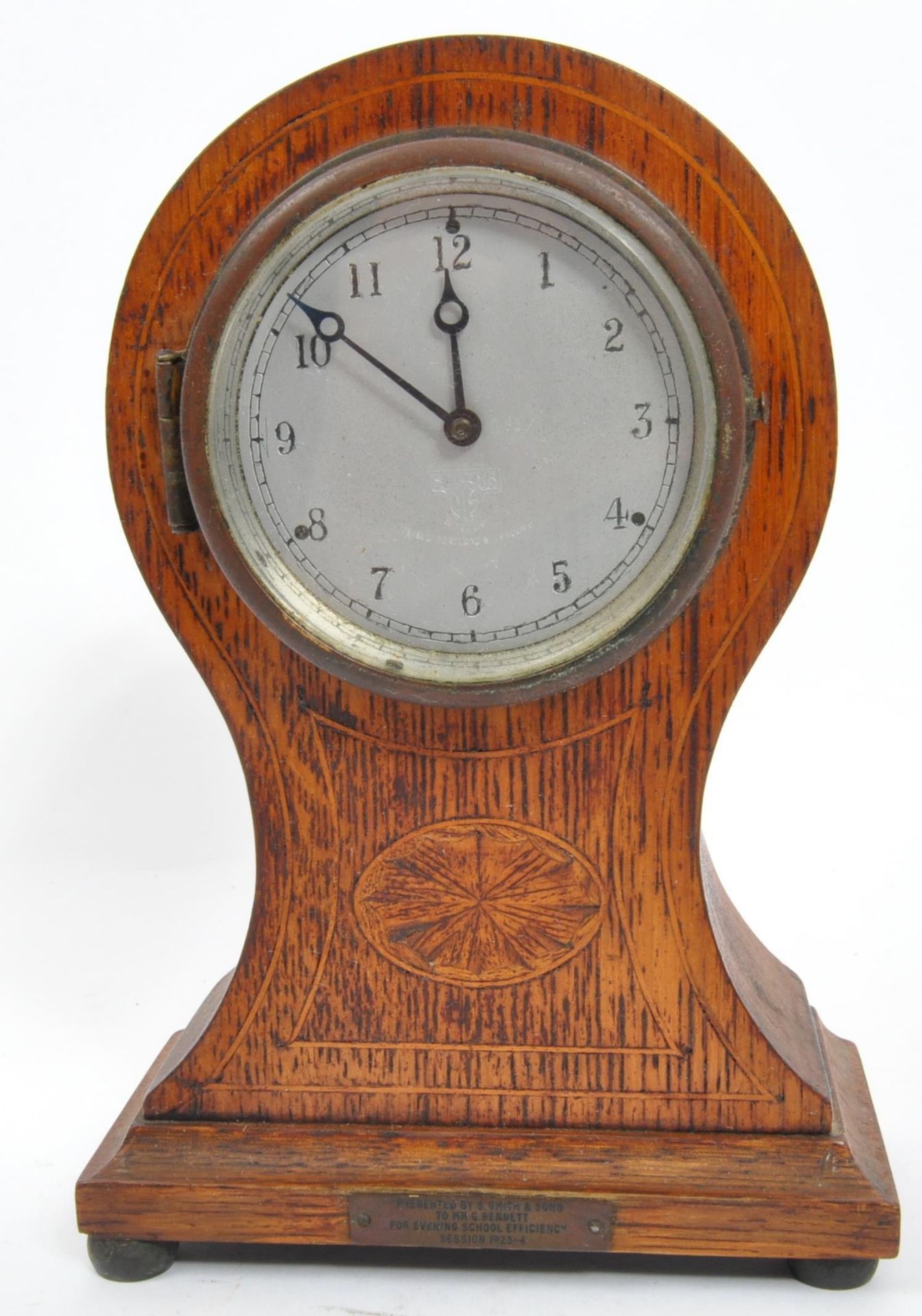 EDWARDIAN MAHOGANY INLAID BALLOON MANTEL CLOCK