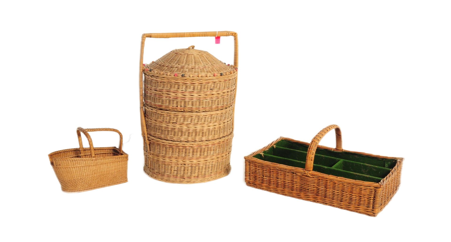 THREE PIECES OF VINTAGE WICKER - SEWING BOX - WINE CARRIER