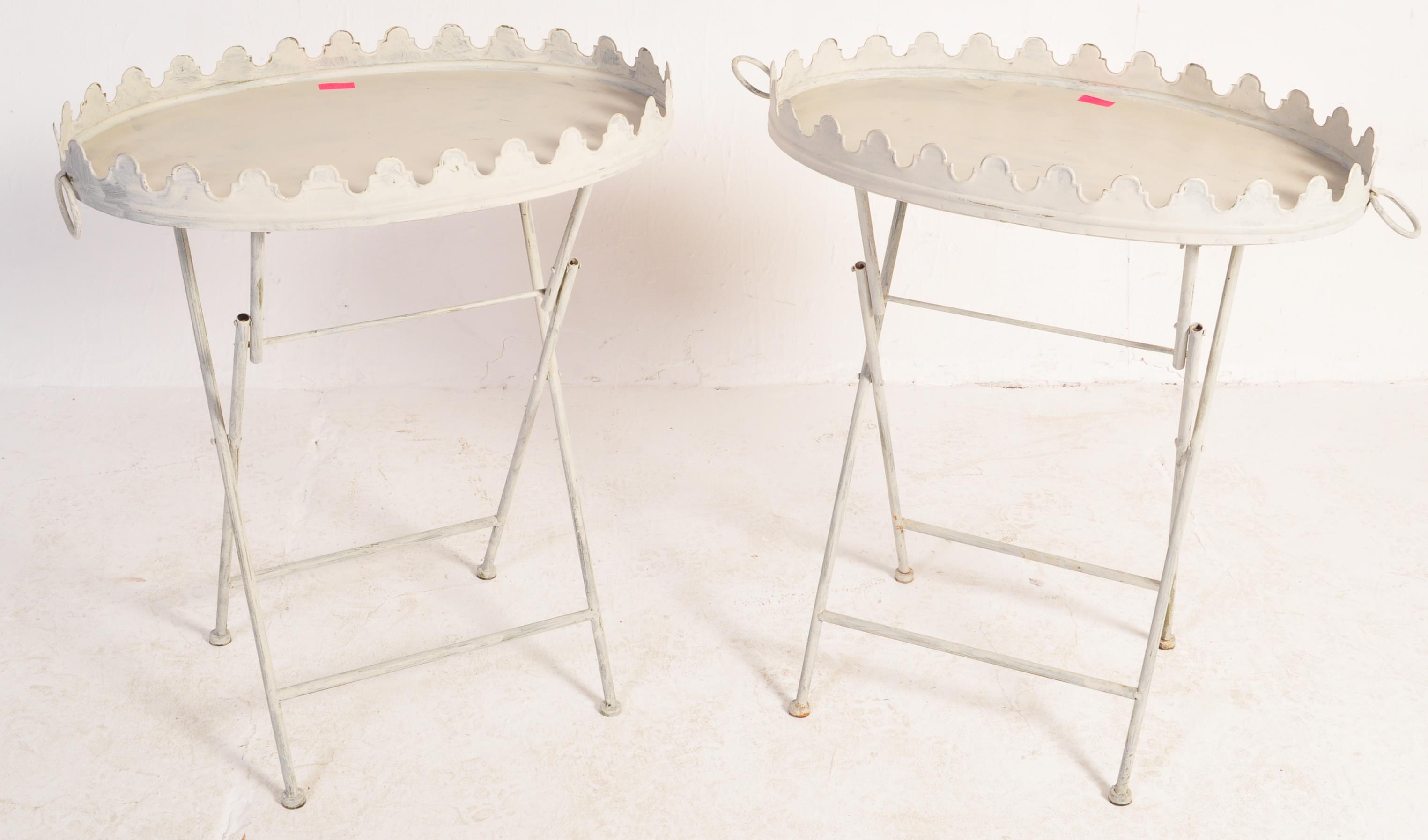 PAIR FRENCH PAINTED METAL TRAY TOP FOLDING BEDSIDE TABLES - Image 2 of 5