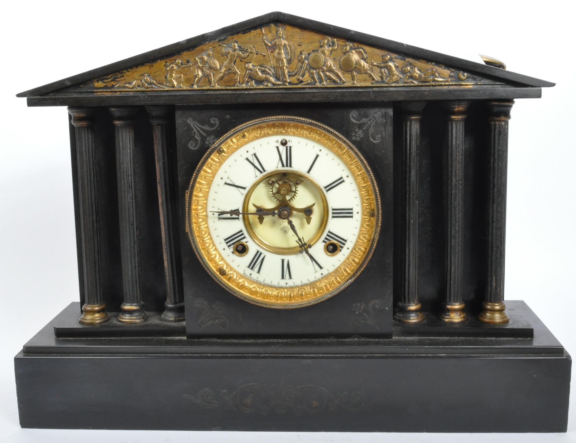 VICTORIAN 8-DAY SLATE TEMPLE PORTICO CASED MANTEL CLOCK