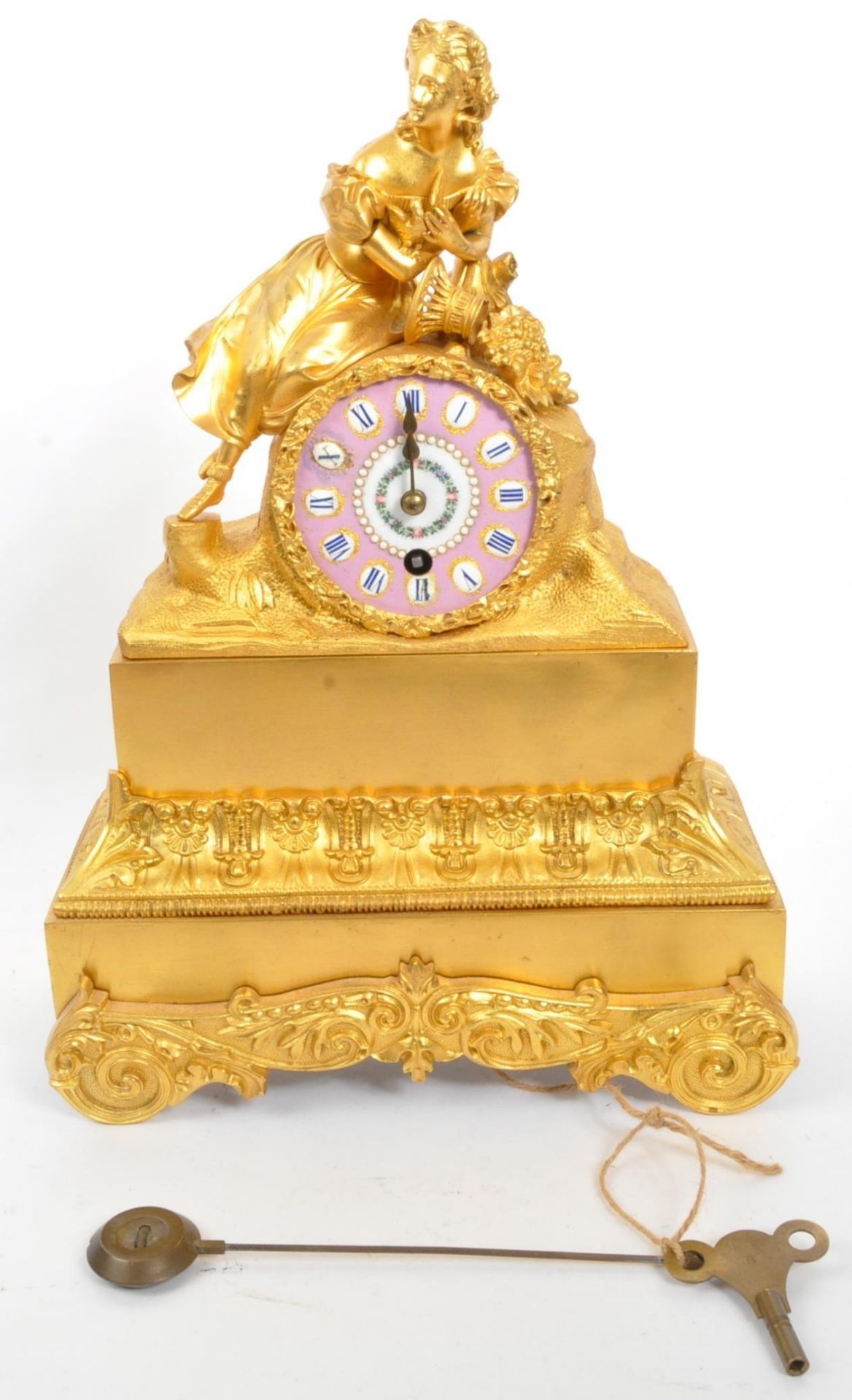 19TH CENTURY LOUIS XVI STYLE GILT METAL 24HRS MANTEL CLOCK