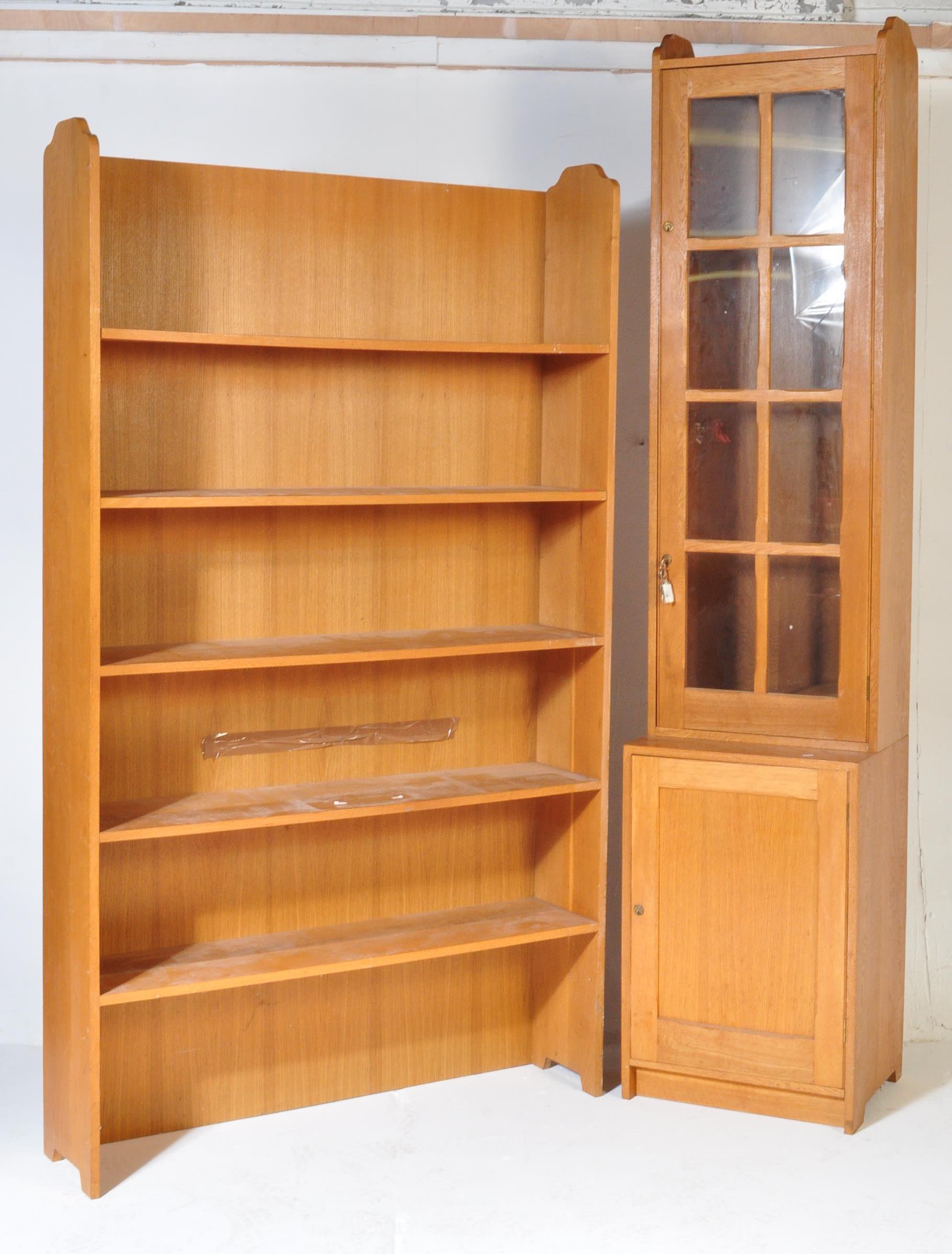 CONTEMPORARY OAK PEDESTAL DISPLAY CABINET & BOOKCASE