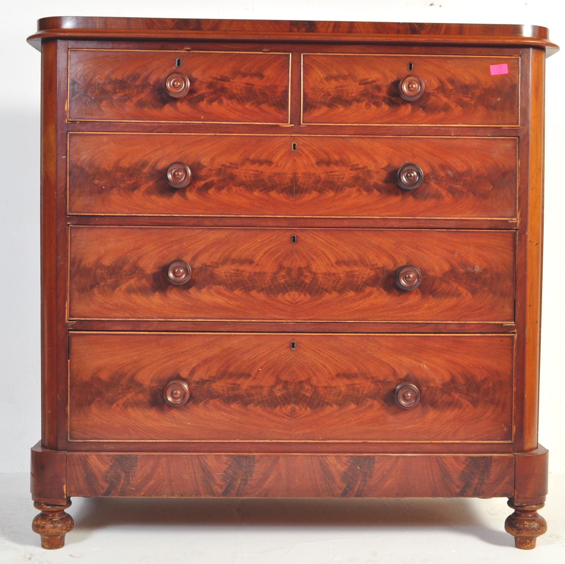 VICTORIAN FLAME MAHOGANY 2 OVER 3 CHEST OF DRAWERS - Image 3 of 6
