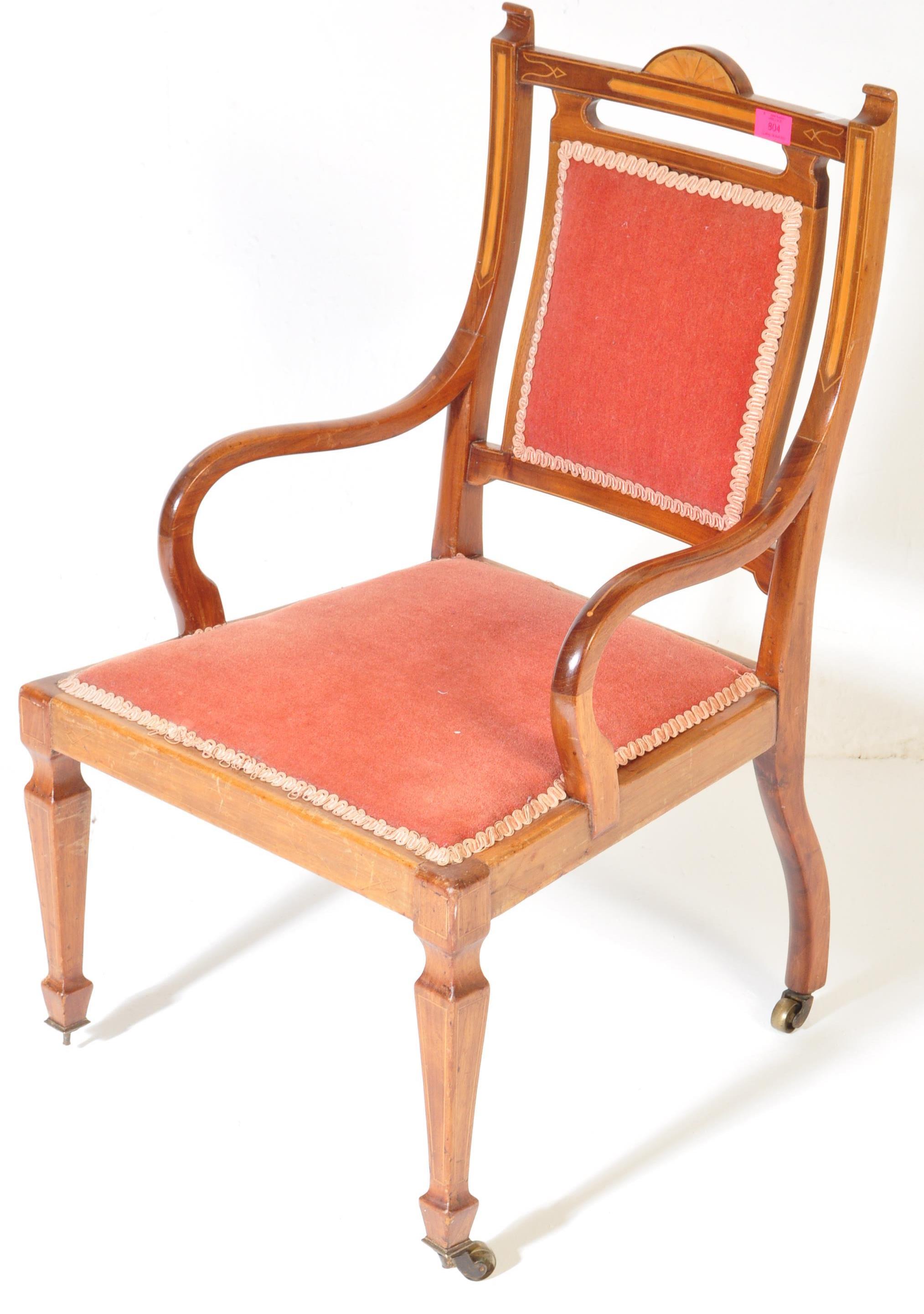 EDWARDIAN MAHOGANY AND MARQUETRY INLAID SALON ARMCHAIR - Image 2 of 5