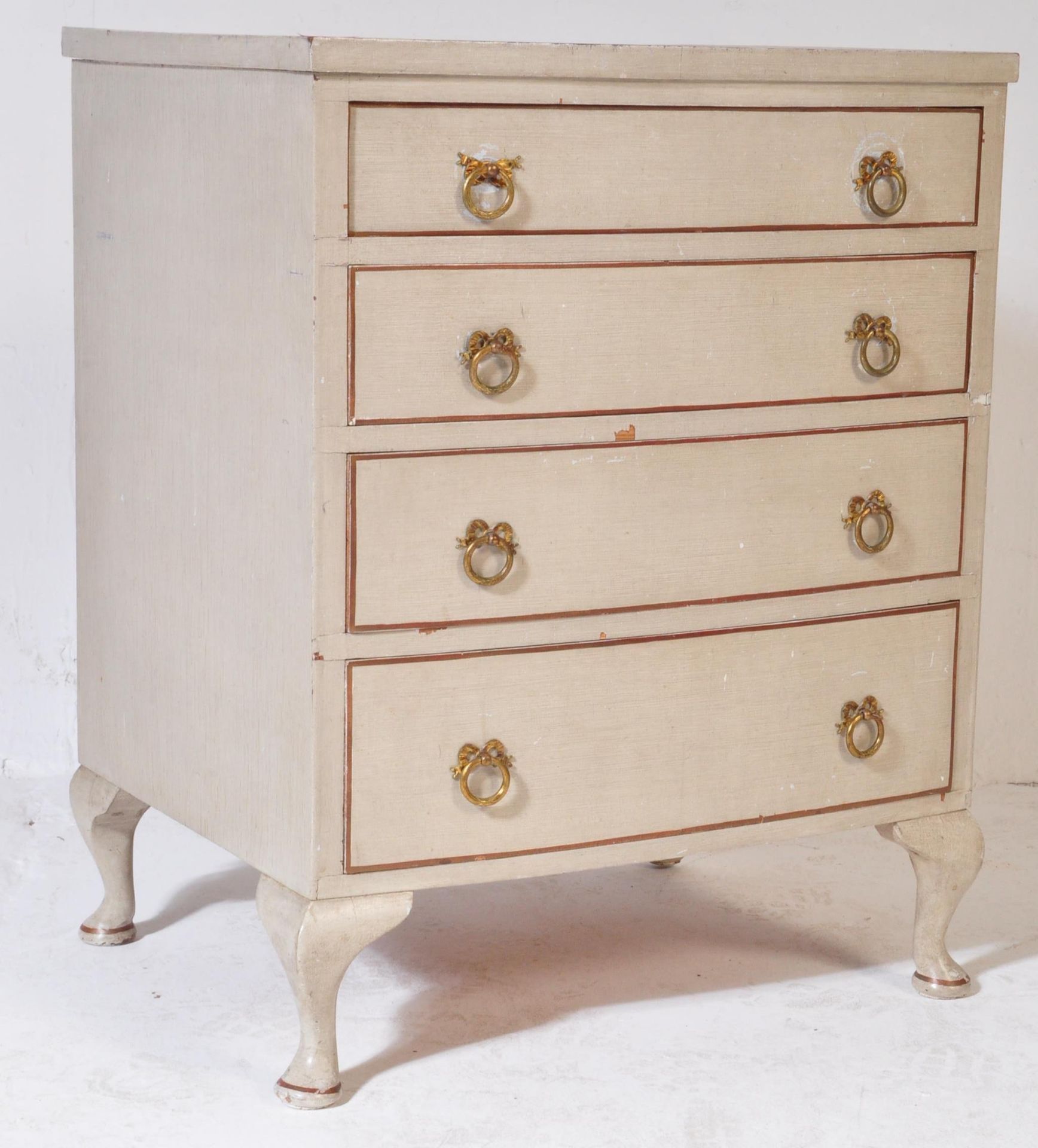 PAINTED FRENCH STENCIL DECORATED BOW FRONT CHEST DRAWERS