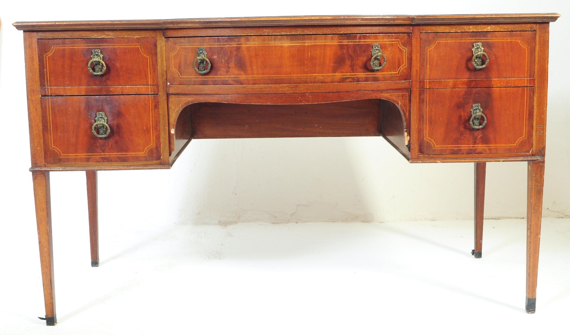 EDWARDIAN MAHOGANY INLAID BREAKFRONT KNEEHOLE WRITING DESK