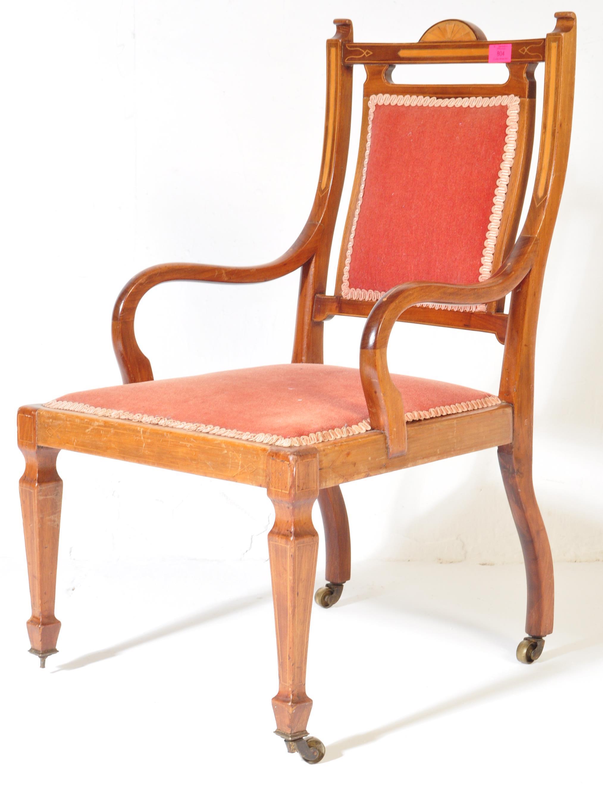 EDWARDIAN MAHOGANY AND MARQUETRY INLAID SALON ARMCHAIR