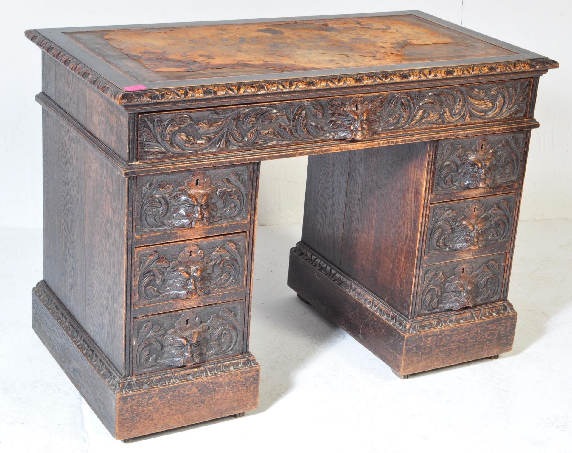 VICTORIAN 19TH CENTURY CARVED OAK TWIN PEDESTAL DESK - Image 2 of 6