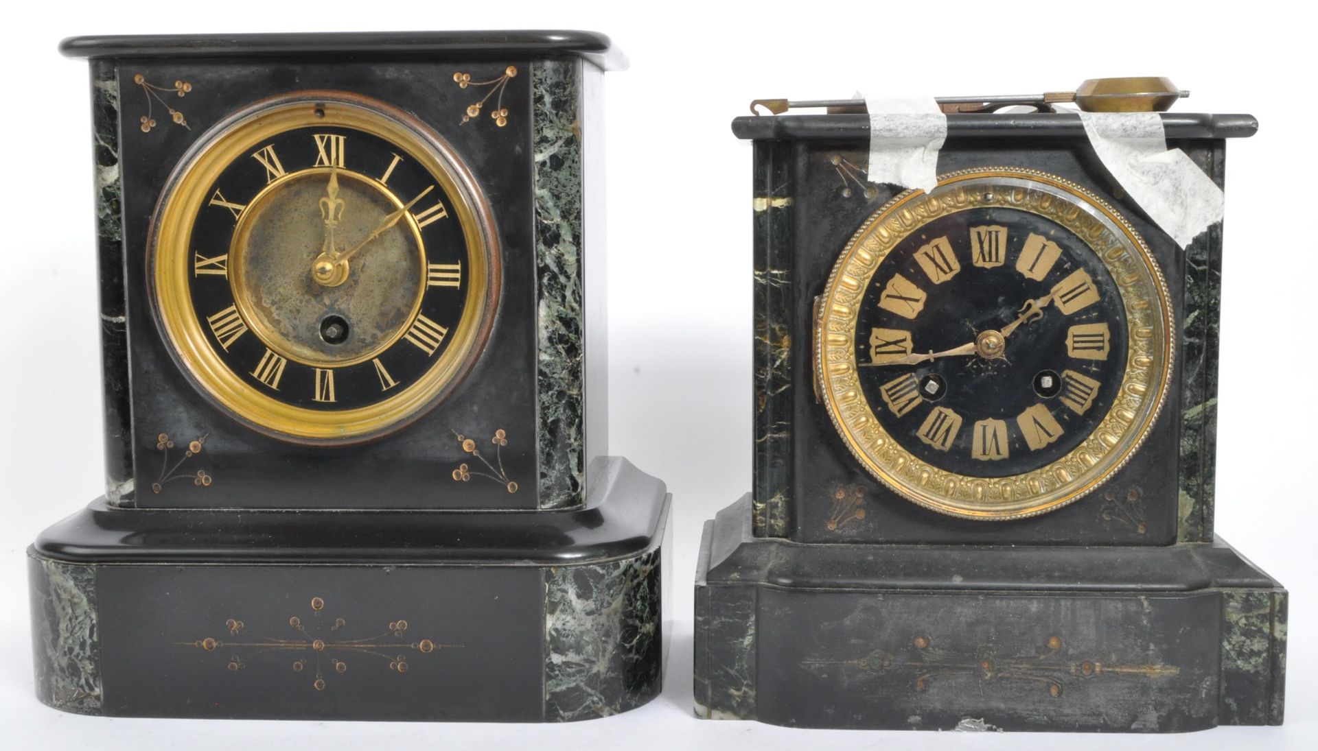 TWO VICTORIAN SLATE & MARBLE MANTEL CLOCKS