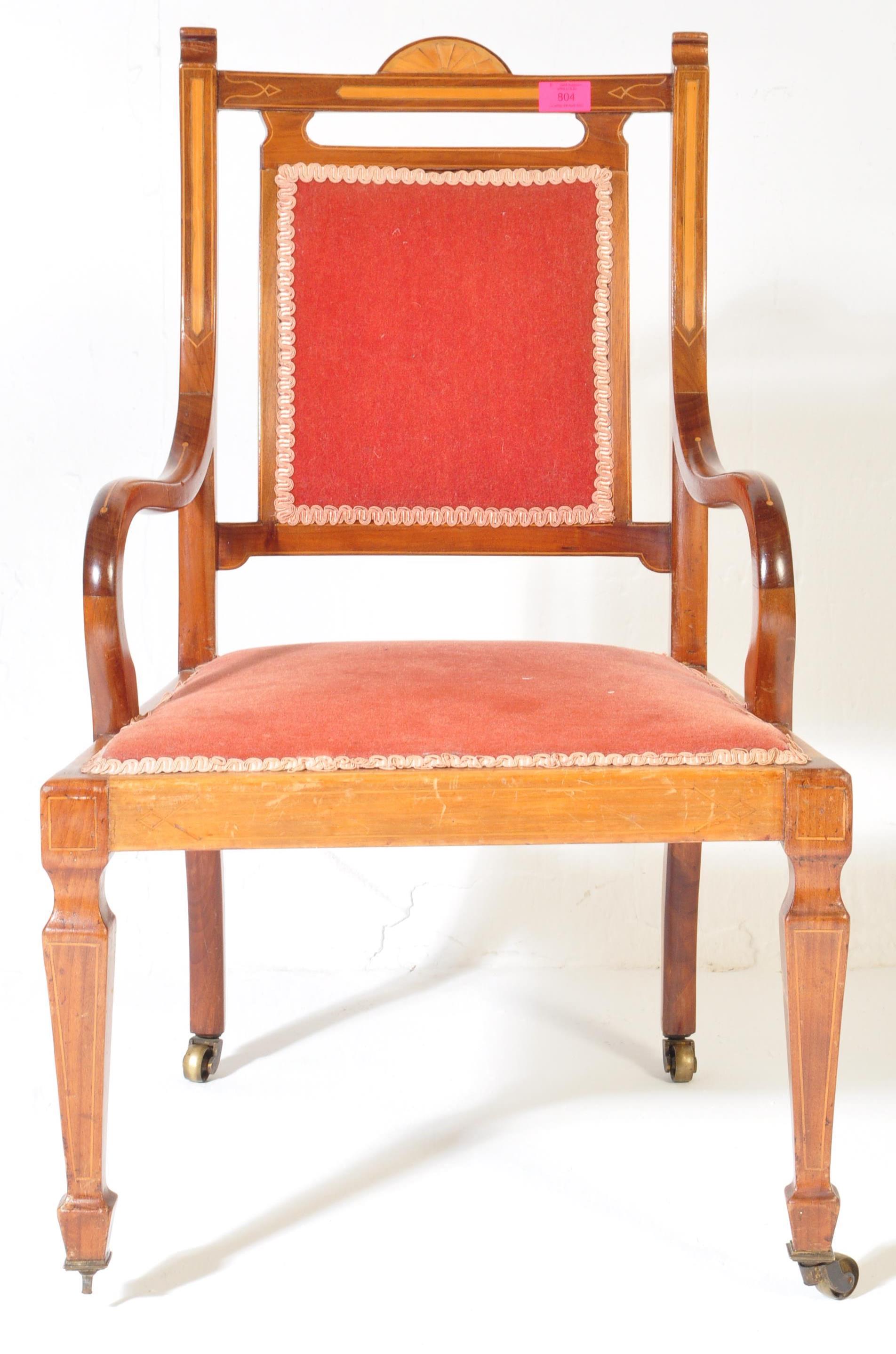 EDWARDIAN MAHOGANY AND MARQUETRY INLAID SALON ARMCHAIR - Image 3 of 5