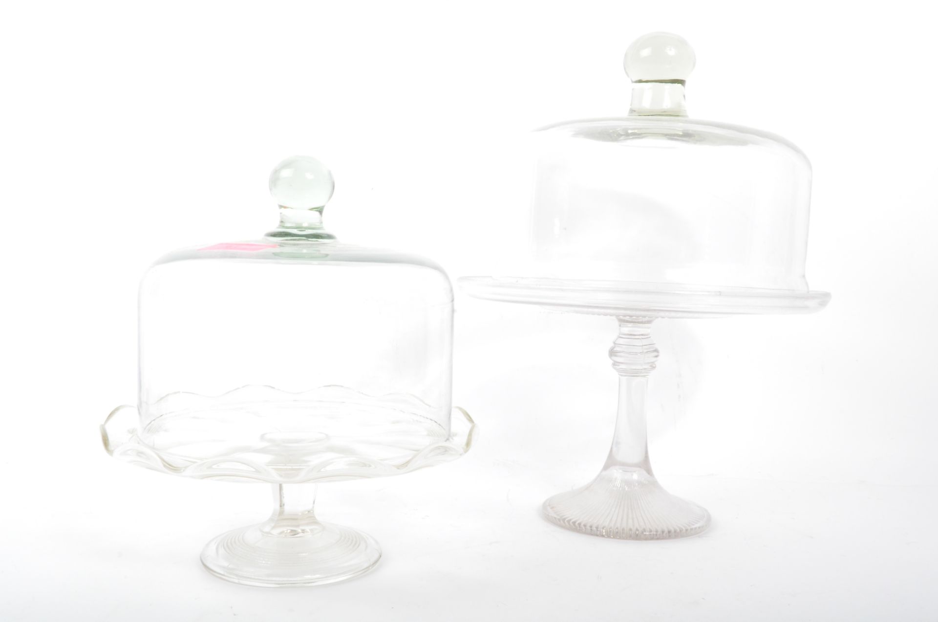 TWO EARLY 20TH CENTURY GLASS CLOCHES & CAKE STAND