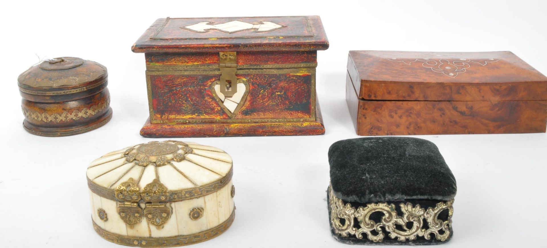 COLLECTION OF BOXES - AFGHAN - BRASS - BONE - MIDDLE EASTERN