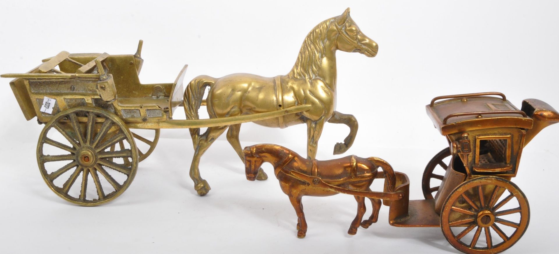 TWO VINTAGE 20TH CENTURY BRASS HORSE & CART FIGURES