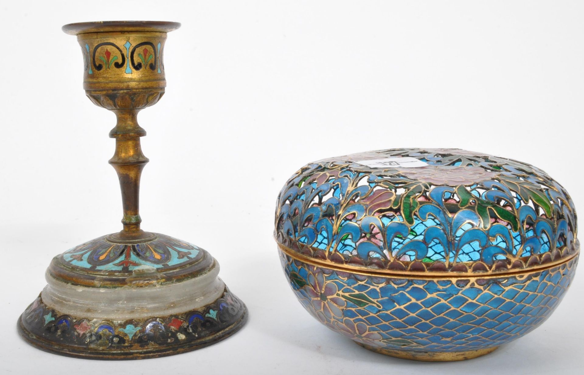 CHINESE PLIQUE A JOUR & CLOISONNE POT & CANDLESTICK