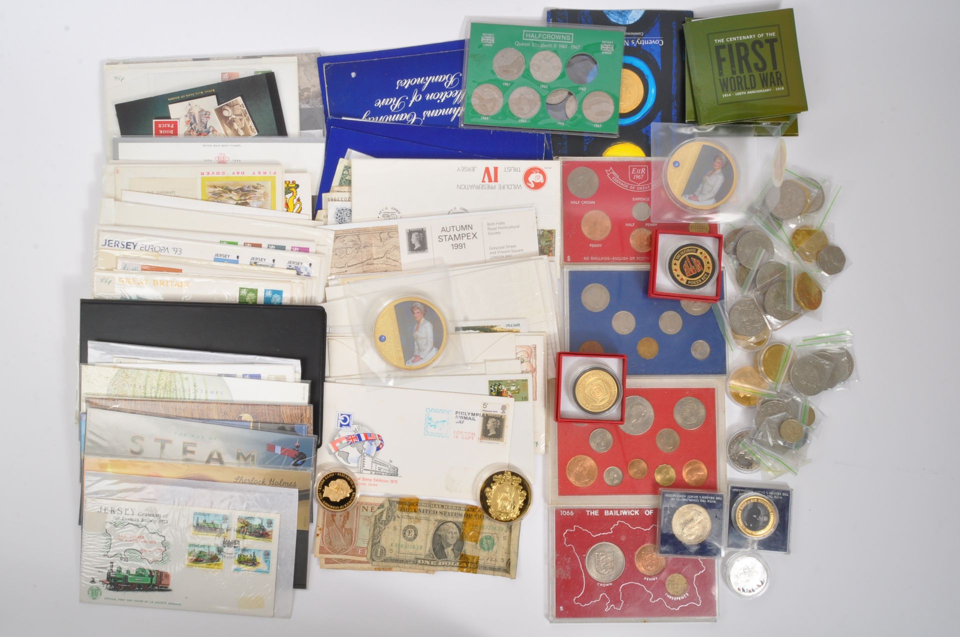 LARGE COLLECTION OF VINTAGE COMMEMORATIVE COINS & STAMPS