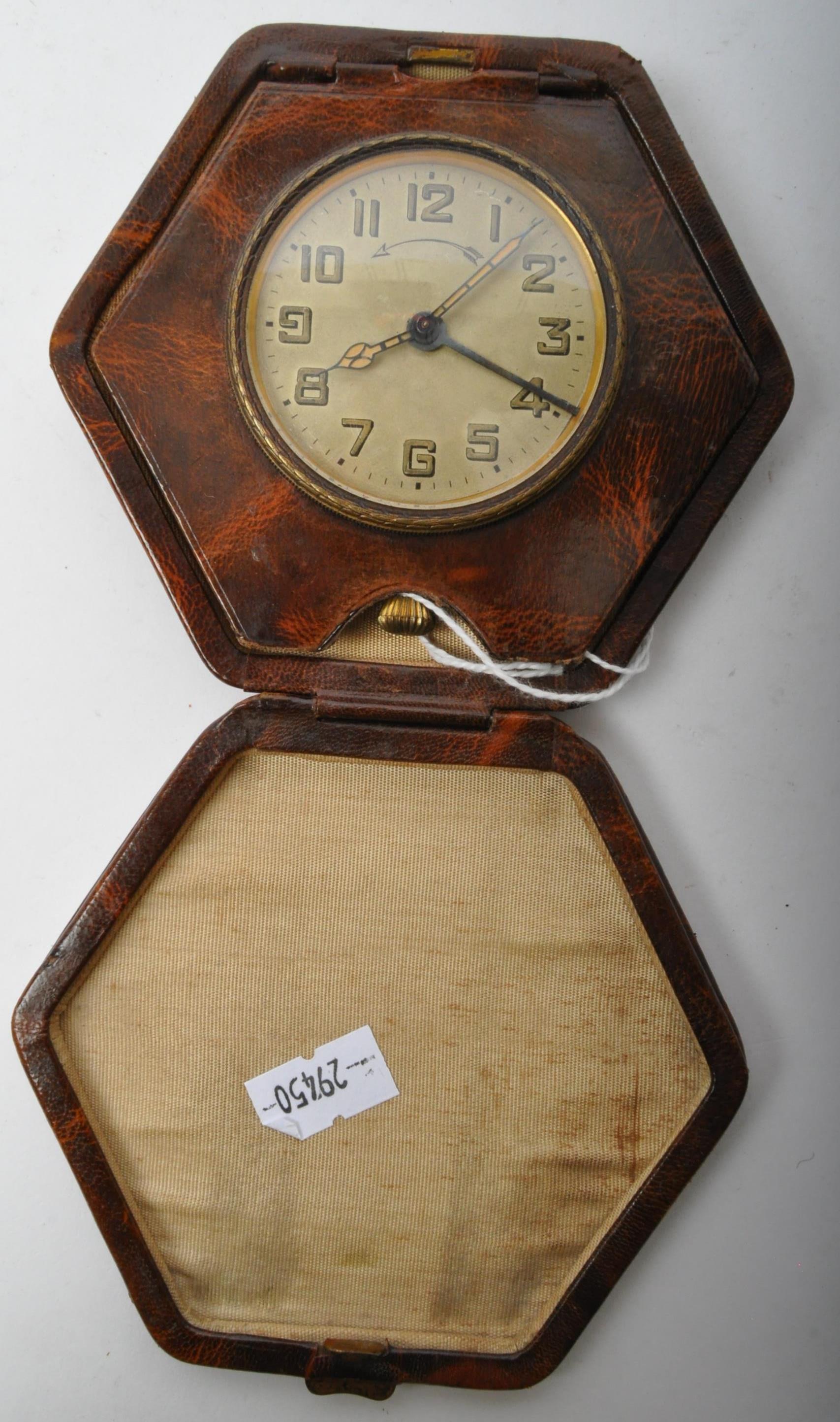 ART DECO CIRCA 1930S TRAVEL LEATHER CASED CLOCK