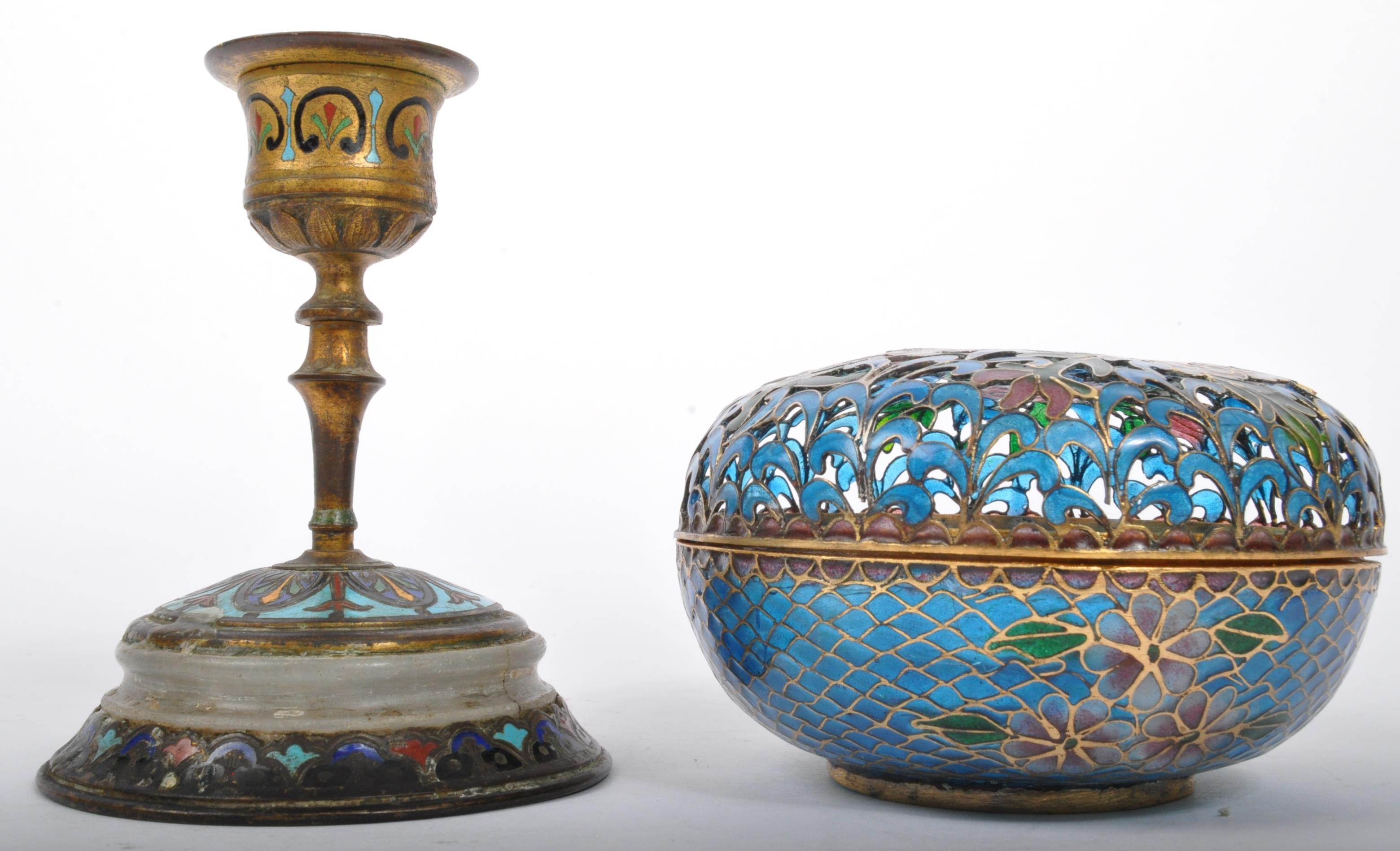 CHINESE PLIQUE A JOUR & CLOISONNE POT & CANDLESTICK - Image 5 of 5