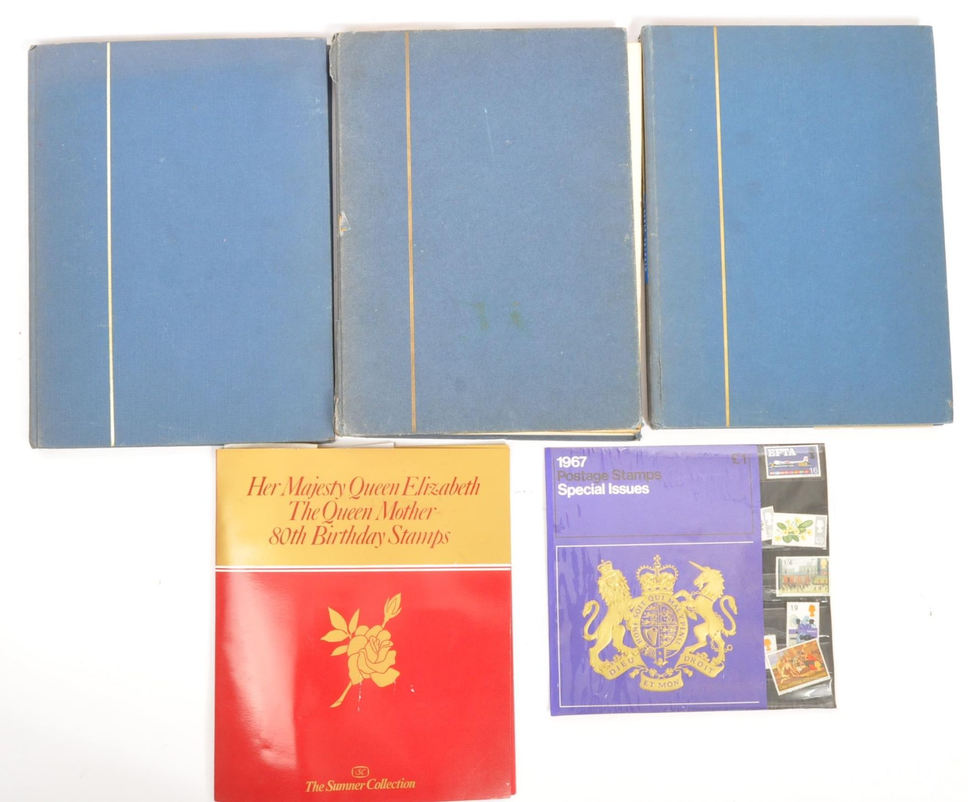 A collection of stamps being well presented in three blue albums. Stamps to include Great Britain,