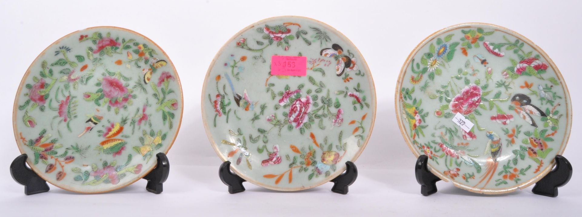 THREE 19TH CENTURY CHINESE CELADON HAND PAINTED PLATES